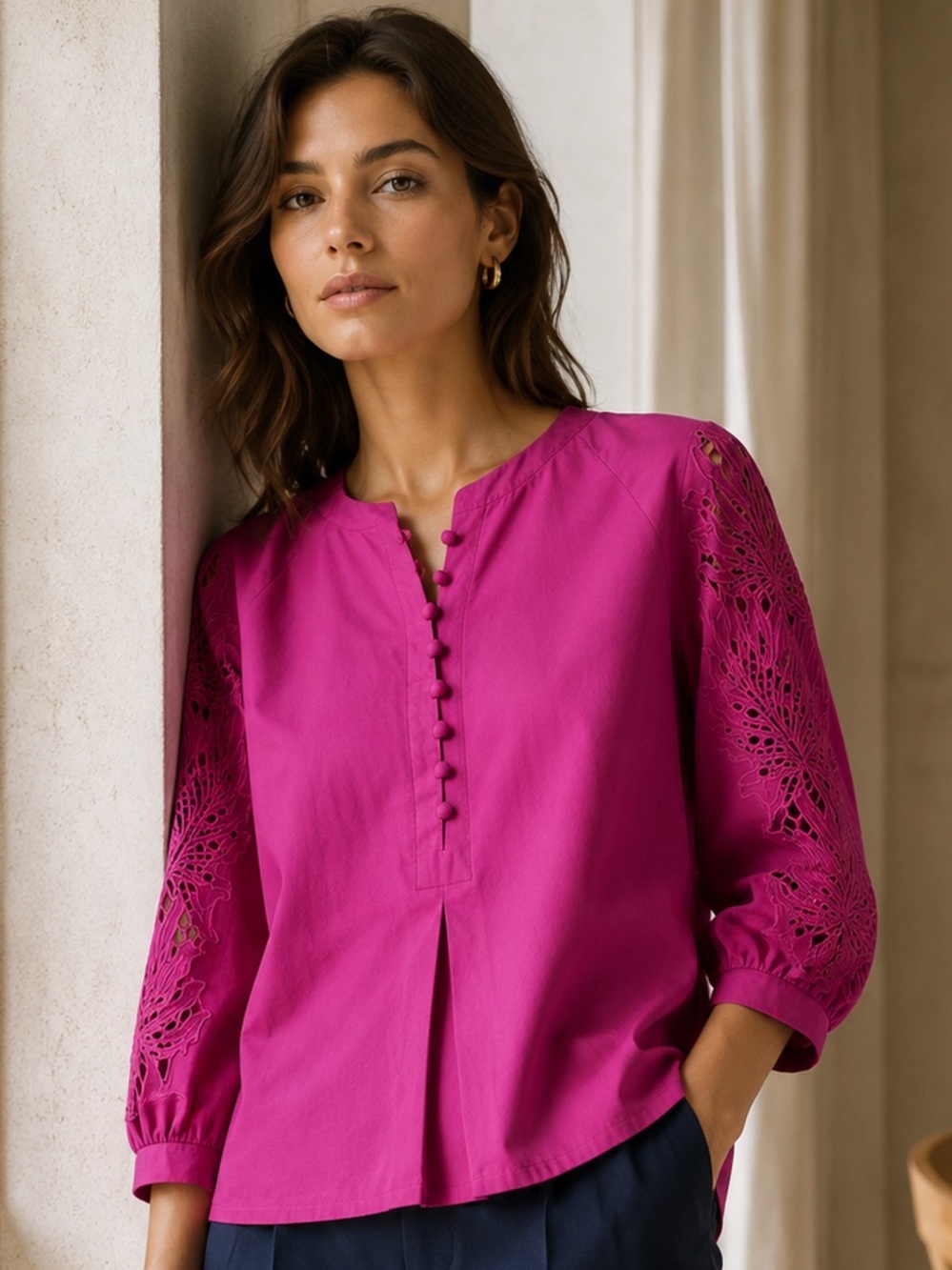 Max Mara Studio Laser Floral Embroidered Peasant Blouse Pink Small